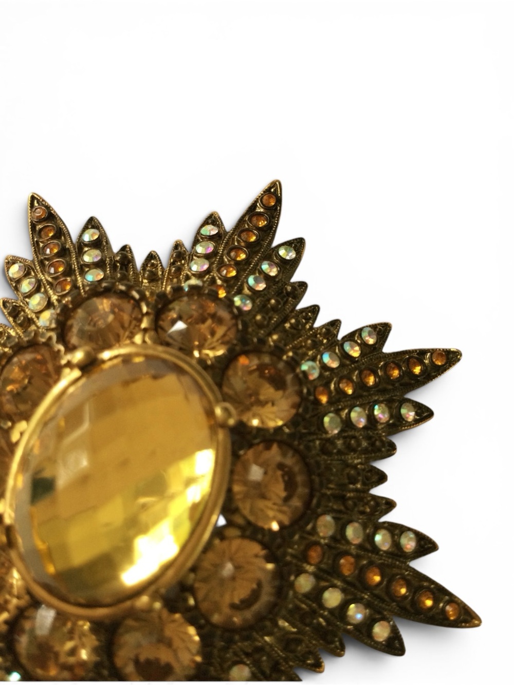 Vintage Joan Rivers Signed Starburst Brooch w/ Citrine, Amber & AB Rhinestones - Picture 5 of 13